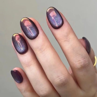 24pcs Crystal Cat Eye False Nails with Glue Short Square Press on Nails Shiny Red Jewel Nail Solid Color Fake Nails Minimalis
