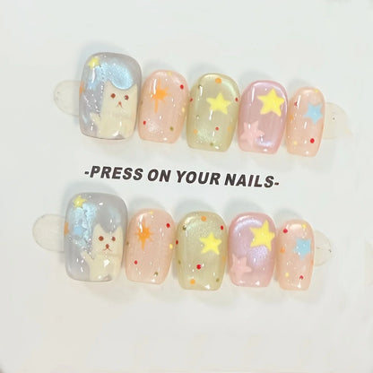 10Pcs Handmade Press on Nails Kitten Glass Beads Cat's Eye False Nail for Women&Girls Star Polka Detachable Wearable Fake Nail