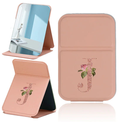 Fold Desktop Makeup Mirror Handheld PU Travel Makeup Mirror Portable Leather Anti Slip Pocket Mirror Rose Gold Letter Pattern