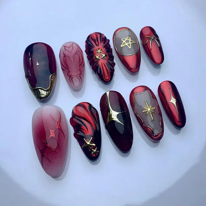 24Pcs Mid-length Blue Almond False Nails with 3D Shell Design Press on Nails Tips Butterfly Flower Pattern Datachable Fake Nail