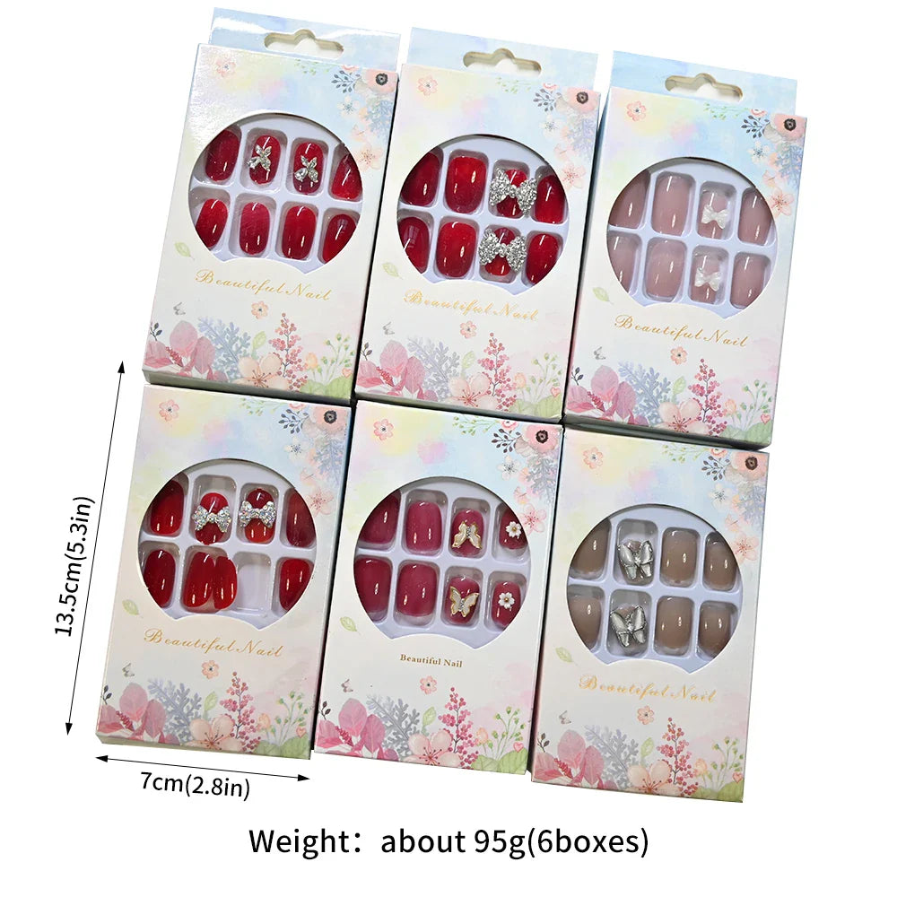 6 Boxes/set Press On Nails Full Cover Sweet Pink Red Short Round Head False Nails Manicure Wearable Nail Tips with Jelly Gel