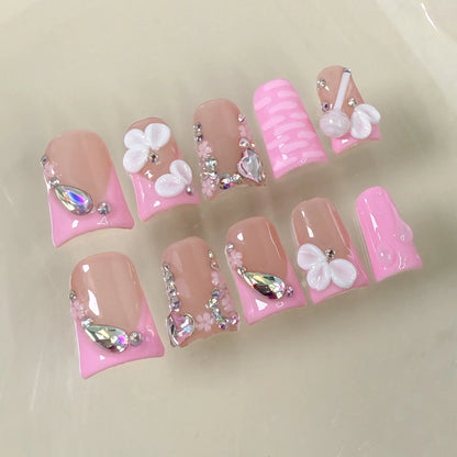 10pcs Pink Duckbill Handmade Press on Nails Art Simple White French Short Fake Nail Wearable Rhinestones Design False Nails Tips