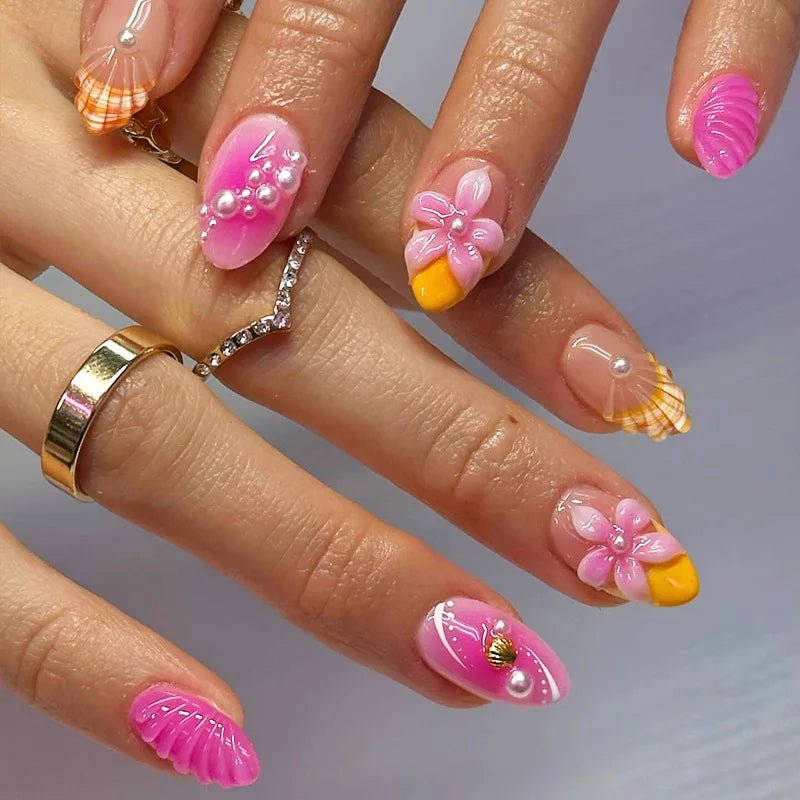 24pcs Mid-length Almond Press on Nails Sets Wearable Gradient Pink Flower Pearl Design False Nail French Fake Nail Finished Tips