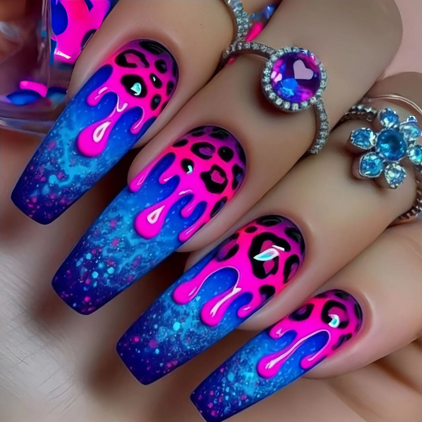 Short Medium long fake nails Square ballet nail tips Gradient purple pink blue leopard flame Y2K press on false nail art set