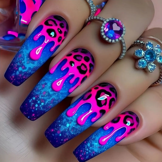 Short Medium long fake nails Square ballet nail tips Gradient purple pink blue leopard flame Y2K press on false nail art set
