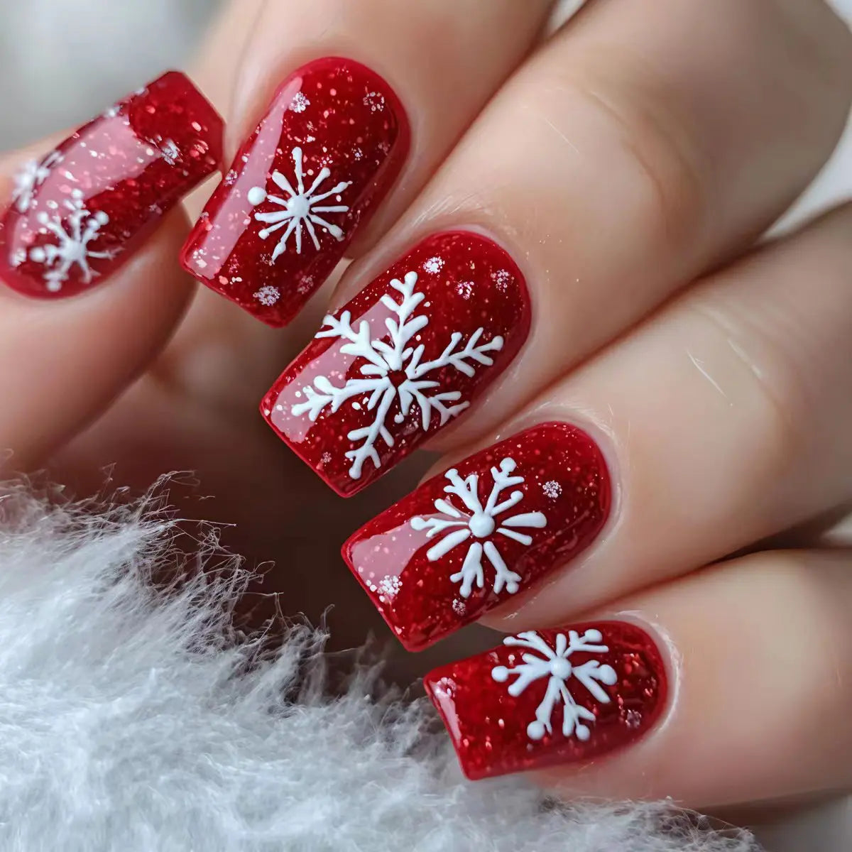 Medium Long fake nails for Christmas Black red blue nail tips white snowflakes fireworks Square almond tips press on false nails