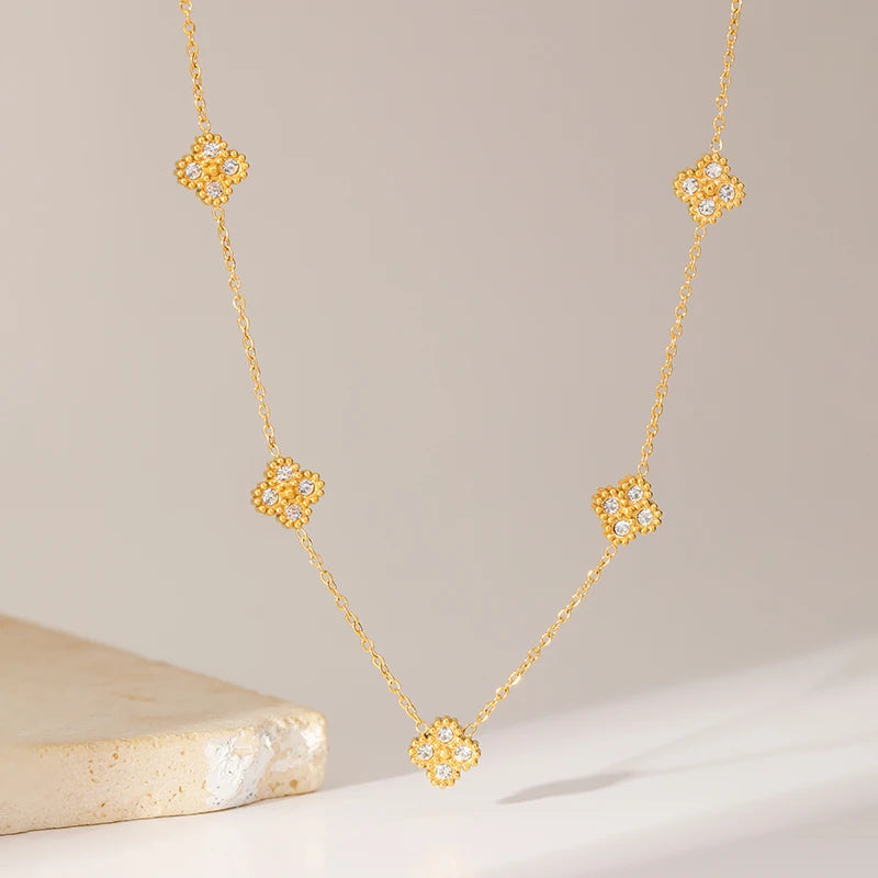 GANEMLY 316L Stainless Steel Clover Flower Zircon Necklace For Women 2025 Fashion Clavicle Neck Chain Waterproof Jewelry Gift