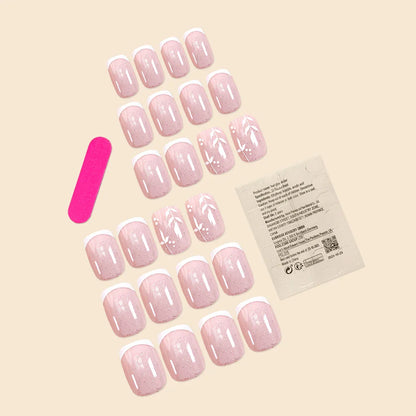 24Pcs/Set Short Size French Simplicity Glitter Pink Leaf Girls Women Full Coverage Wearable Fake Nails