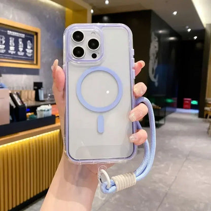 Airbag Shell Magnetic Short Hanging Rope Transparent Magsafe Case for IPhone 16 15 14 13 12 11 Pro Max Plus Shockproof HardCover