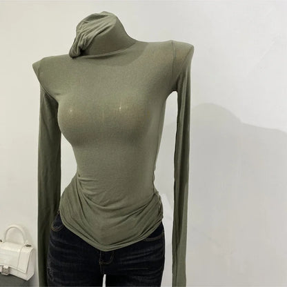 Korean style standing collar long sleeved T-shirt, high collar bottom shirt, women's slim fit slightly transparent top