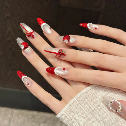 10PCS Christmas Handmade Fake Nails Charming Cat's Eye Red French Tip Press on Nails Wearable 3D Wreath Bow Decor False Nails