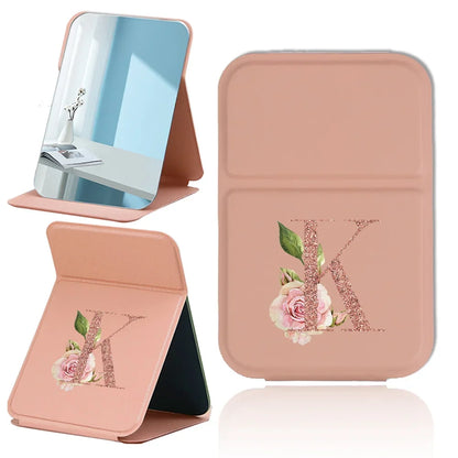 Fold Desktop Makeup Mirror Handheld PU Travel Makeup Mirror Portable Leather Anti Slip Pocket Mirror Rose Gold Letter Pattern