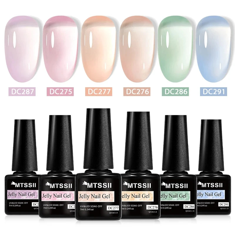 MTSSII 6Pcs/Set Jelly Gel Nail Polish Jelly Transparent Pink Green Black Blue UV Gel Nail Art Varnish Kit Spring Manicure Nails