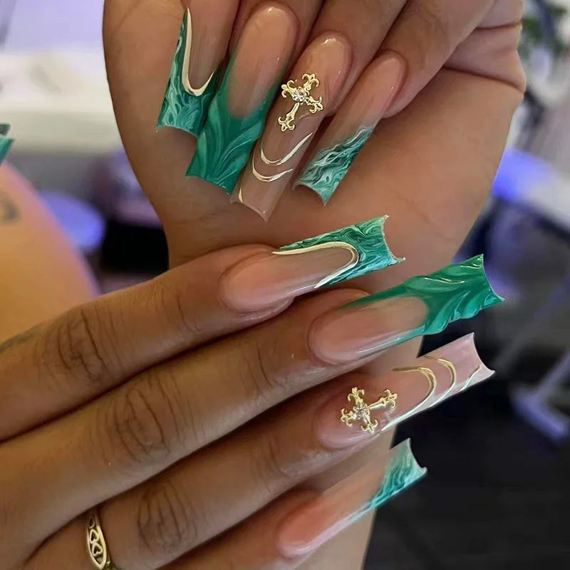 24Pcs Gold French Border False Nails Long Coffin False Nails with Rhinestones Ballerina Full Cover Nail Tips Press on Nails