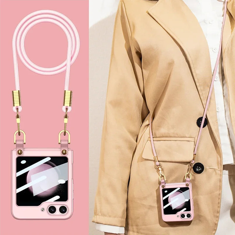 Crossbody Lanyard Phone Case for Samsung Galaxy Z Flip 6 5 Flip5 Flip6 5G Electroplated Hard Shell Shockproof Cover
