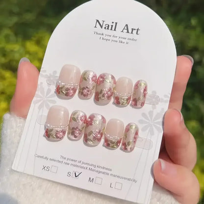 10Pcs/Set Press On Acyrlic Ice Cat's Eye Handmade Fake Nails Short/Medium Almond 3D Mirror Flower Pearls Decor Nude French Nails