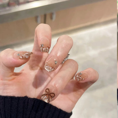 10Pcs Sweet Heart Nail Glitter Diamond Fake Nails Cute French Short Square Press on Nails Cat Eye Pearl Fake Nails Nude Natural