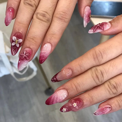 24pcs White Flower Fake Nail Tips Ins Yellow Pink Blush False Nails Wearable Full Cover European Almond Shaped Press on Nails