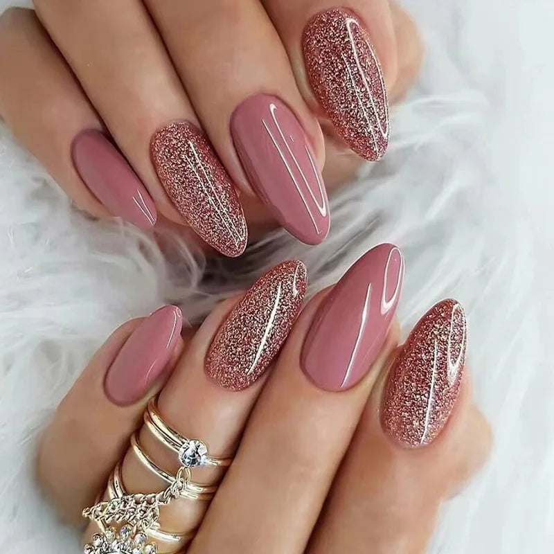 24Pcs Simple Glitter Almond False Nails with Glue Ballerina Nail Design Sweet Cool French Detachable Press on Nail Manicure Tips