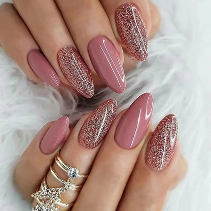 24Pcs Simple Glitter Almond False Nails with Glue Ballerina Nail Design Sweet Cool French Detachable Press on Nail Manicure Tips