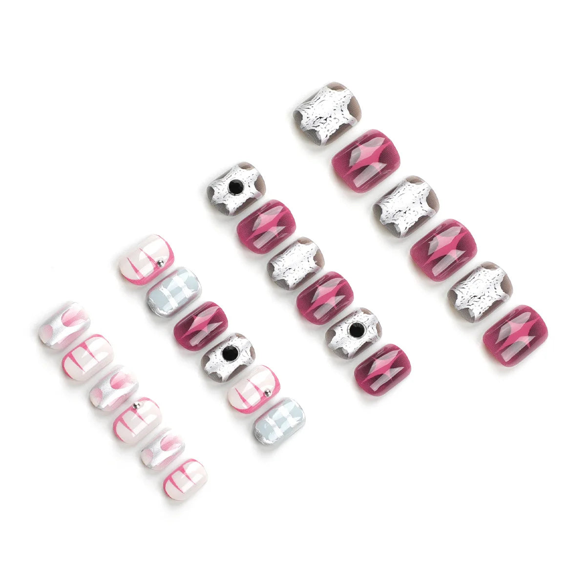 Wearable Stars Y2k Nails Press On Short Square 24pcs Fake Nails Silver Stripes False Nails Decoration Glitter Nail Tips Finished