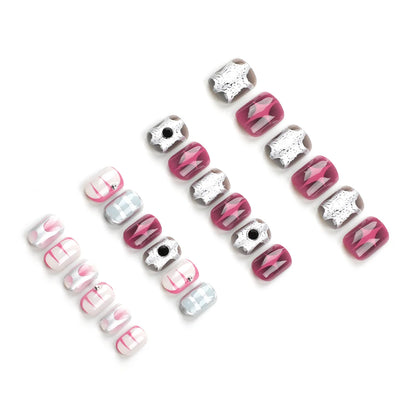 Wearable Stars Y2k Nails Press On Short Square 24pcs Fake Nails Silver Stripes False Nails Decoration Glitter Nail Tips Finished