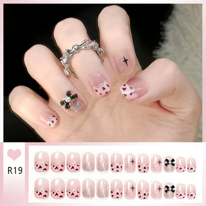 24pcs Bowknots Love Heart Pattern Press On Nails Cute Fresh Short Round French Style False Nails Korean Sweet Wearable Fake Nail