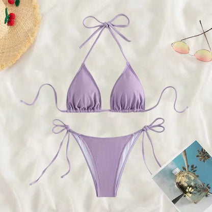 Bikini three-point swimsuit sexy drawstring strap halter bikini solid color lace-up split swimsuit