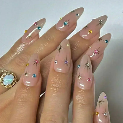 24Pcs Stiletto Press on Nails Glitter Almond False Nails French Tip Fake Nails with Glue Detachable Full Cover Acrylic Nail Tips