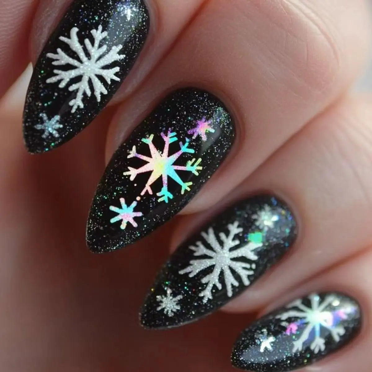 Medium Long fake nails for Christmas Black red blue nail tips white snowflakes fireworks Square almond tips press on false nails