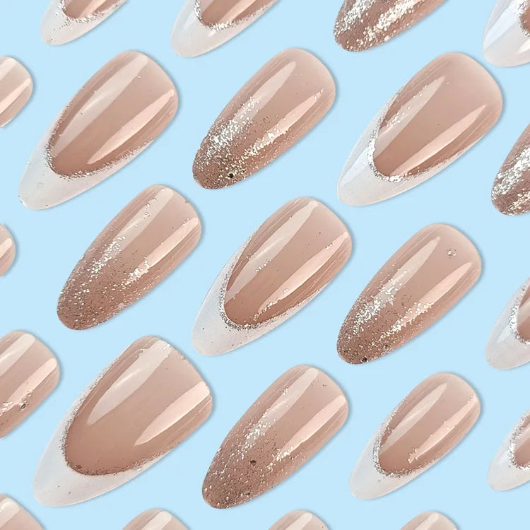 24Pcs Simple Glitter Almond False Nails with Glue Ballerina Nail Design Sweet Cool French Detachable Press on Nail Manicure Tips