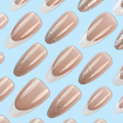 24Pcs Simple Glitter Almond False Nails with Glue Ballerina Nail Design Sweet Cool French Detachable Press on Nail Manicure Tips