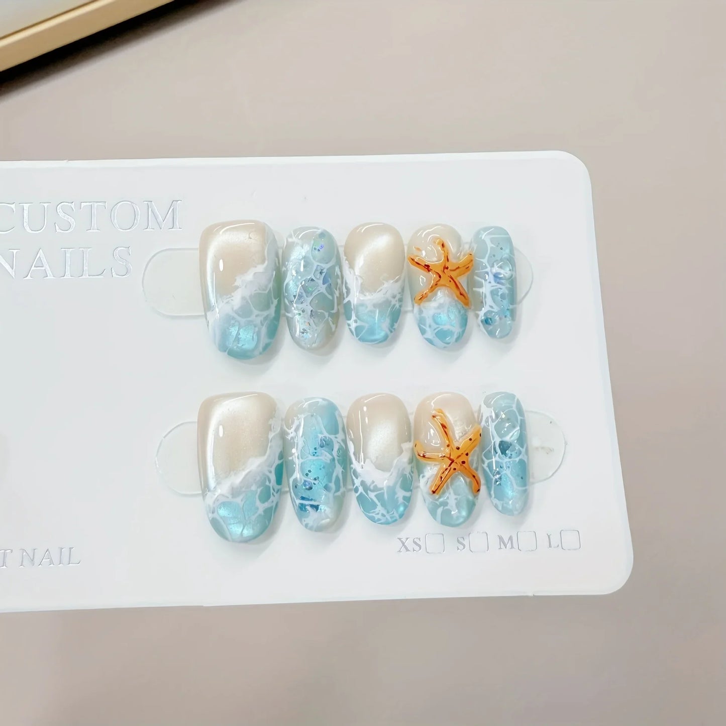 10pcs Handmade Press on Nails Summer Wave Ripple Starfish Full Coverage Nail Tips for Women&Girl Detachable Wearable Nail