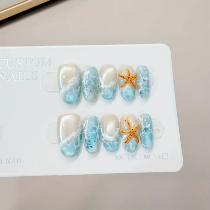 10pcs Handmade Press on Nails Summer Wave Ripple Starfish Full Coverage Nail Tips for Women&Girl Detachable Wearable Nail