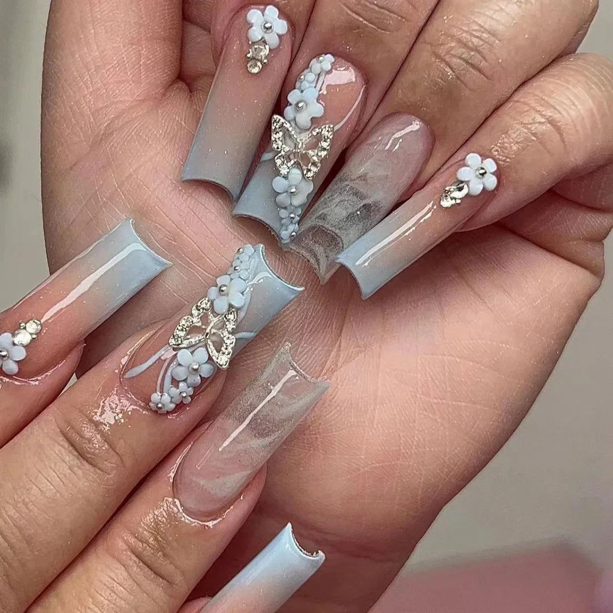 24pcs Press on Nails Flower Design Mid-length Ballet False Nail Fashion Brown Full Cover Manicure Tips Datachable Fake Nails Set