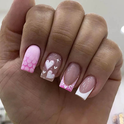 24Pcs Short French Wearable Fake Nails with Glue Simple Stripe Nail Art Full Cover Ballerina Fashion Press on Nail Manicure Tips