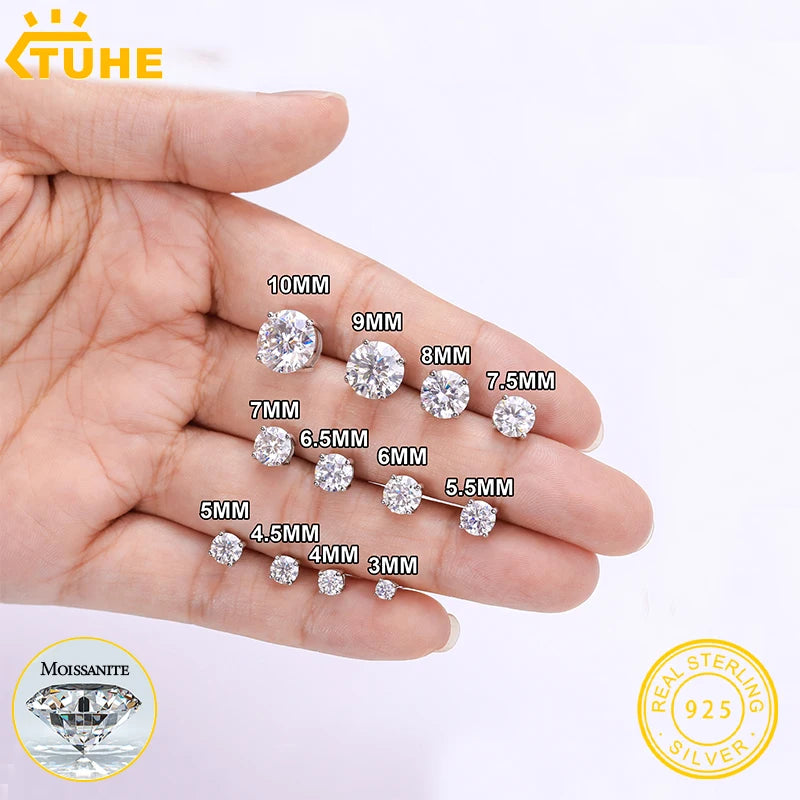TUHE Unisex Classic Round Moissanite Earrings 925 Silver  For Women  D Color VVS1 Moissanite Round Earrings Fine Jewelry