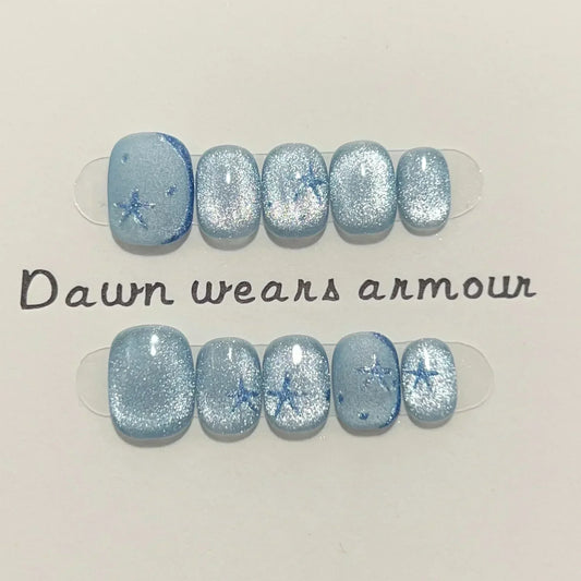 10Pcs Short Ballerina Handmade Press on Nails Blue Cat Eye Fake Nails Wearable Stick-on Nails Full Cover False Nail Uñas 네일팁