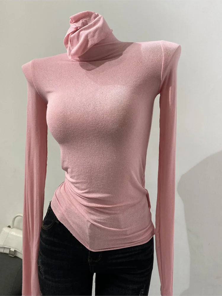 Korean style standing collar long sleeved T-shirt, high collar bottom shirt, women's slim fit slightly transparent top