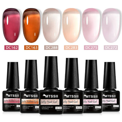MTSSII 6Pcs/Set Jelly Gel Nail Polish Jelly Transparent Pink Green Black Blue UV Gel Nail Art Varnish Kit Spring Manicure Nails