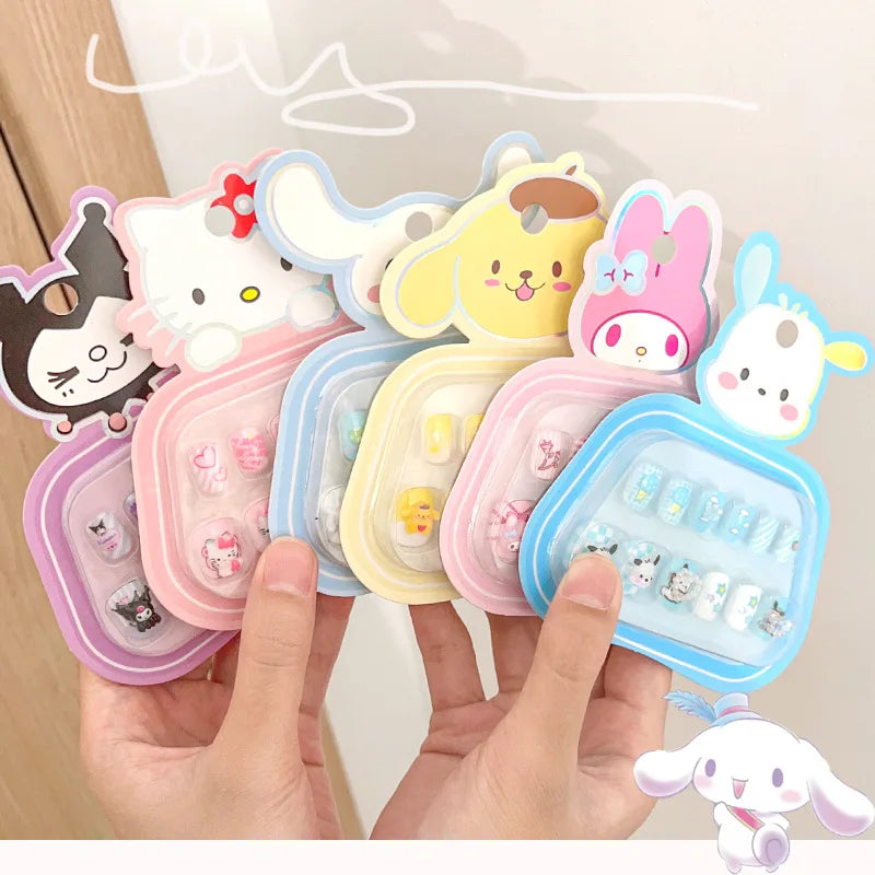 12pcs Kids 3D Stereo Sanrio Fake Nails Patch Sweet Girls Cute Cartoon Hello Kitty press on nails Kuromi Child Wearable FalseNail