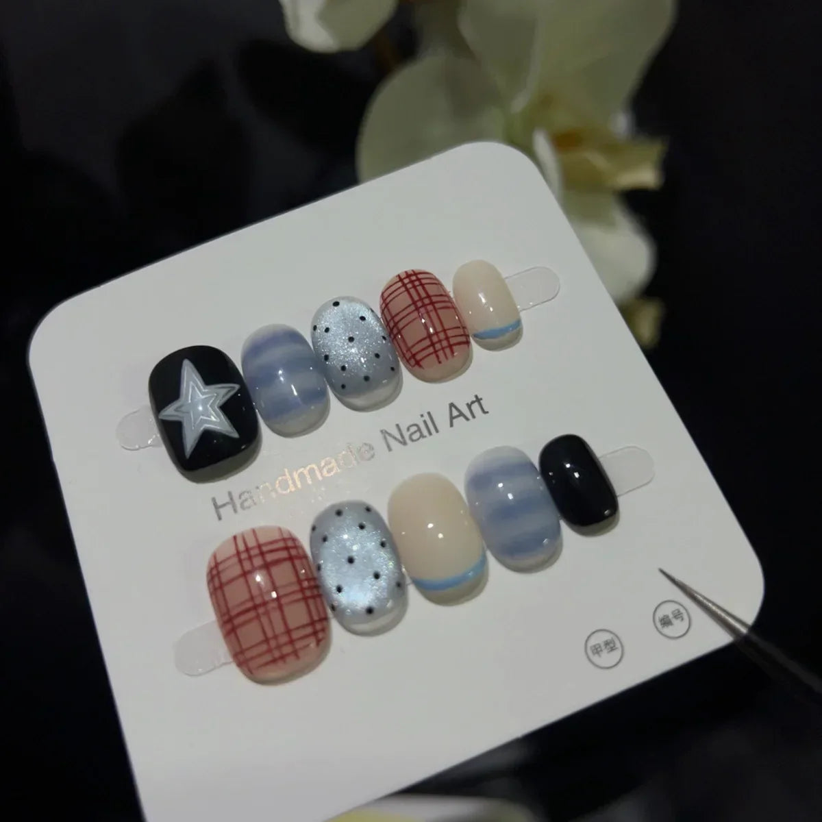 10pcs Short Oval Shaped Press-On Nails - Color Block Stripes & Star Designs Glossy Mix-and-Match False Nails for Women and Girls