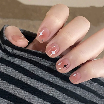 Y2K Black White Star Artificial Fake Nails Full Cover Short False Nail Removable Press on Nails for Women DIY Manicure 24Pcs