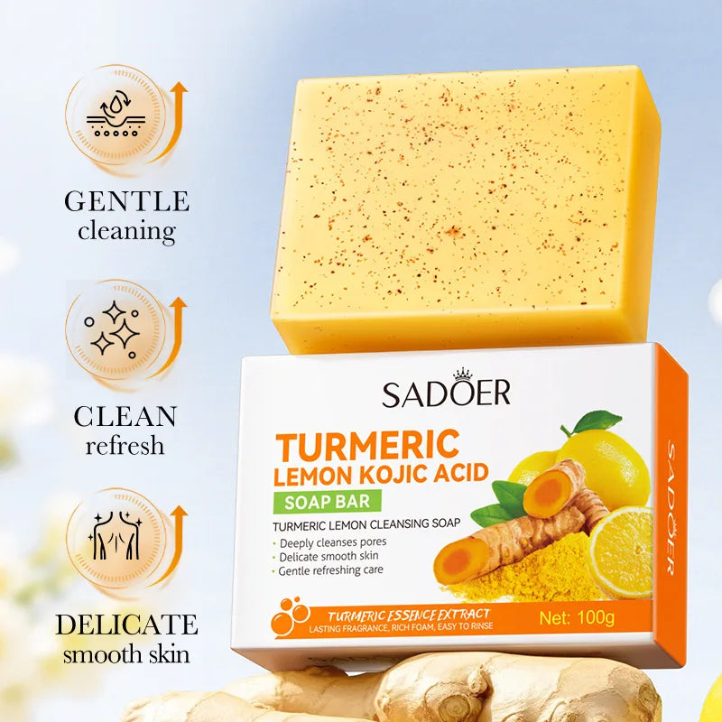 Lemon Turmeric Brightening Soap Handmade Deeply Cleansing Glowing Body Exfoliating Shower and Face Soap Body Care with Net 100g