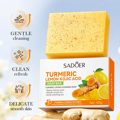 Lemon Turmeric Brightening Soap Handmade Deeply Cleansing Glowing Body Exfoliating Shower and Face Soap Body Care with Net 100g