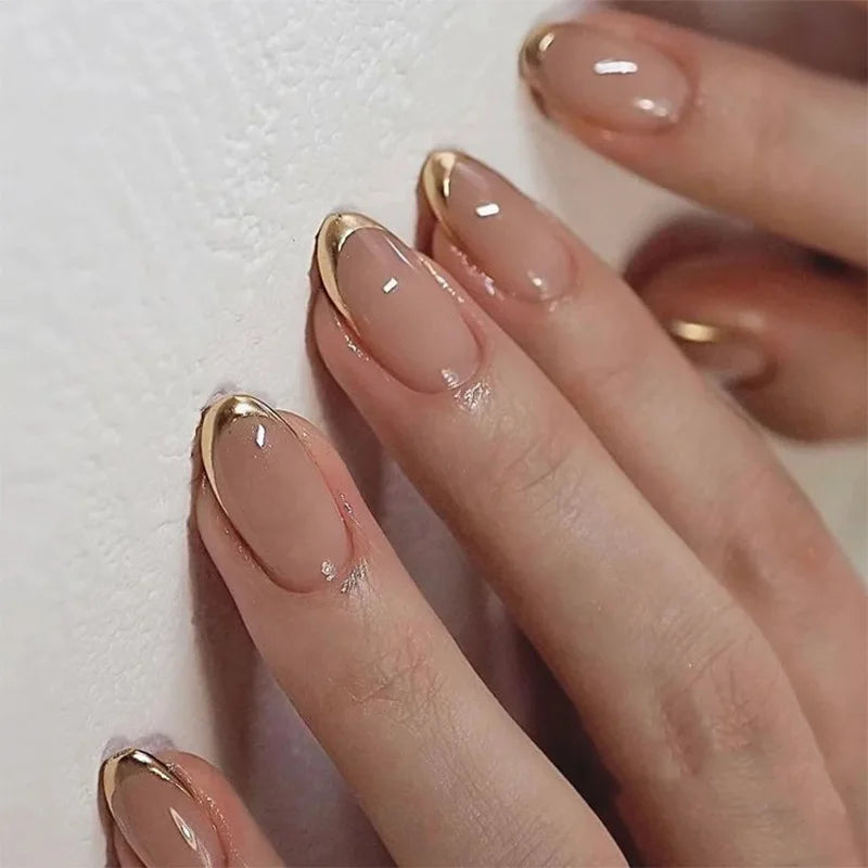 24pcs French Almond Fake Nails Gold Edge Glitter Press on Nails Swirl Metal Nail Art False Nail Full Cover Nail Tips False Nais