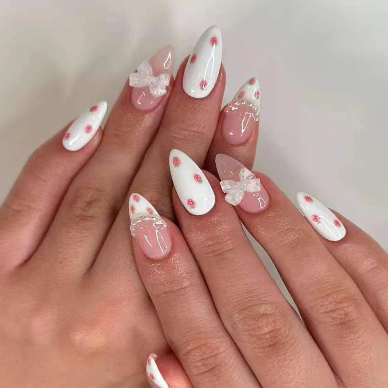 24PCS- white almond fake nails, red love pattern decoration, exquisite elegance, fashion generous, suitable for dating, dinner,