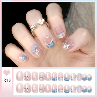 24pcs Bowknots Love Heart Pattern Press On Nails Cute Fresh Short Round French Style False Nails Korean Sweet Wearable Fake Nail