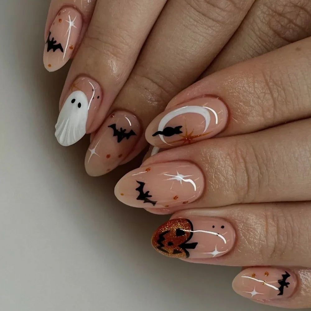 24pcs Simple Almond Press on Nails Cute White Ghost Bat Decor False Nails Wearable Reusable Spicy Cool Halloween Fake Nail Tips