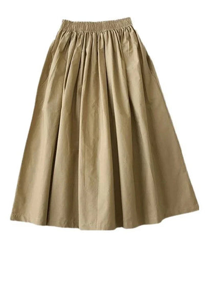 2025 NEW Women's White Long Skirt High Waist A-Line Knee-Length Fashion Pockets Pleated Casual Elegant Skirts for Autumn